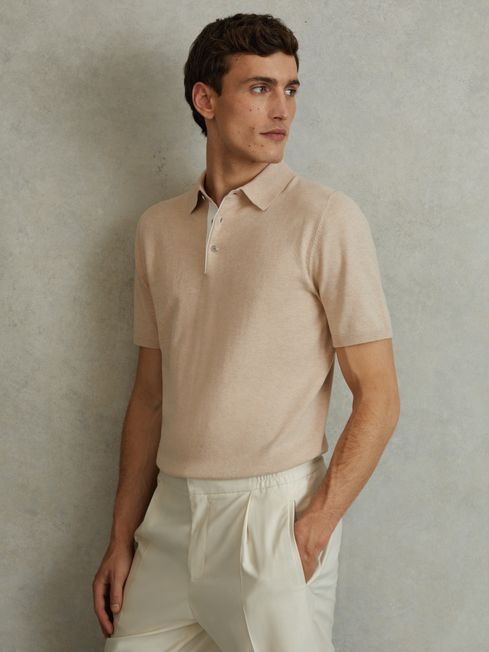 Reiss Camel Finch Cotton Blend Contrast Polo Shirt
