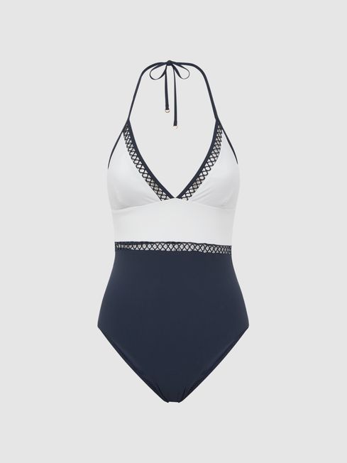 Reiss Navy Ray Colourblock Halter Swimsuit