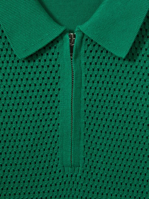 Reiss Bright Green Burnham Cotton Blend Textured Half Zip Polo Shirt