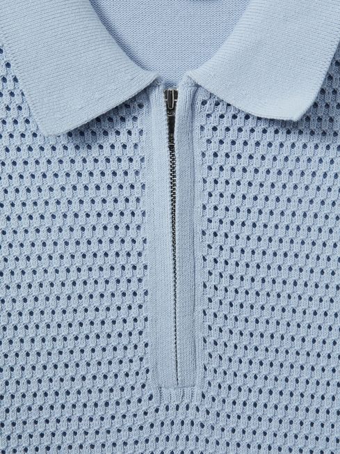 Reiss Soft Blue Burnham Cotton Blend Textured Half Zip Polo Shirt