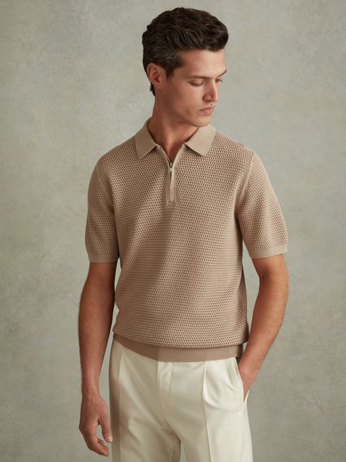Reiss Taupe Burnham Cotton Blend Textured Half Zip Polo Shirt