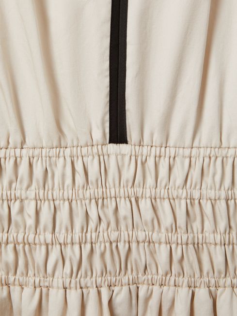 Cotton Ruched Waist Midi Dress in Neutral/Black