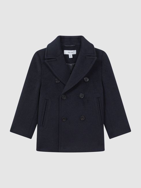 Reiss Navy Bergamo Junior Wool Blend Double Breasted Peacoat