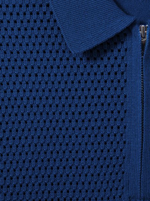 Cotton Blend Textured Half Zip Polo Shirt in Bright Blue
