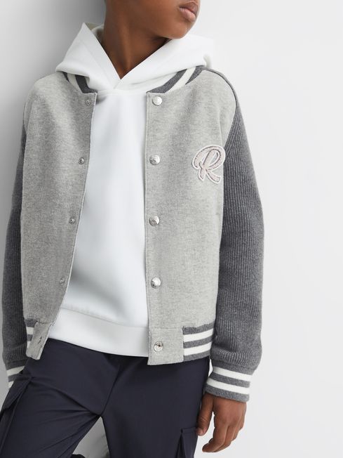 Reiss Soft Grey Belsize Junior Cotton Blend Varsity Bomber Jacket