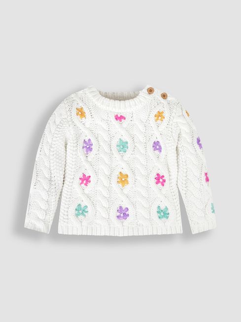 JoJo Maman Bébé Cream Girls' Cable Knit Jumper With Embroidered Flowers