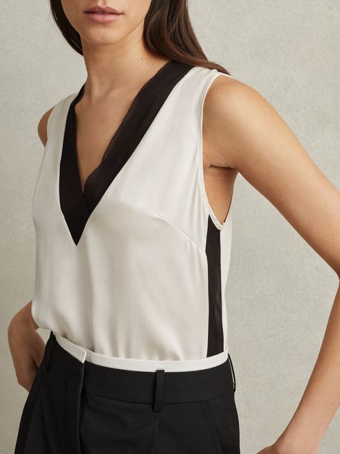 Reiss Ivory/Black Pippa Silk Front Colourblock Vest