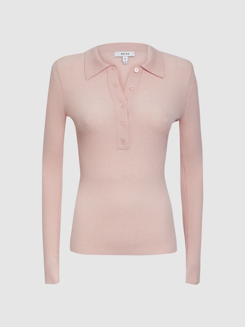 Ribbed Space Wool Polo Shirt in Blush REISS USA