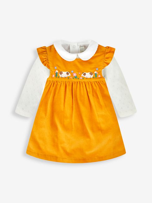 JoJo Maman Bébé Mustard Yellow Guinea Pig 2-Piece Embroidered Cord Baby Dress & Body Set