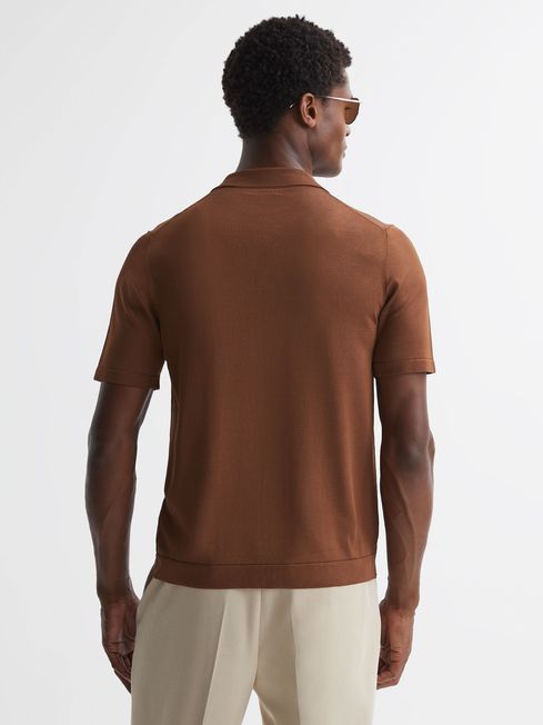 Embroidered Cuban Collar Button Through T-Shirt in Tobacco