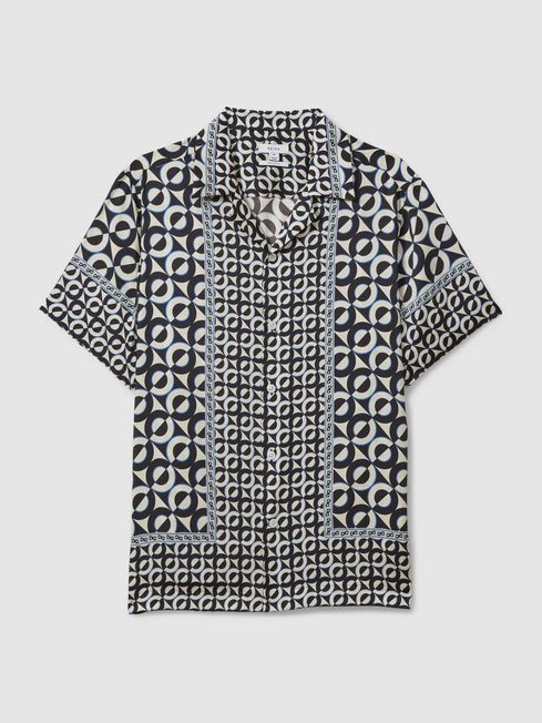 Reiss Lapis Blue Prentice Geometric Print Cuban Collar Shirt
