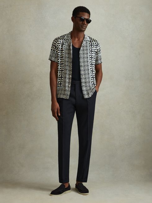 Reiss Lapis Blue Prentice Geometric Print Cuban Collar Shirt