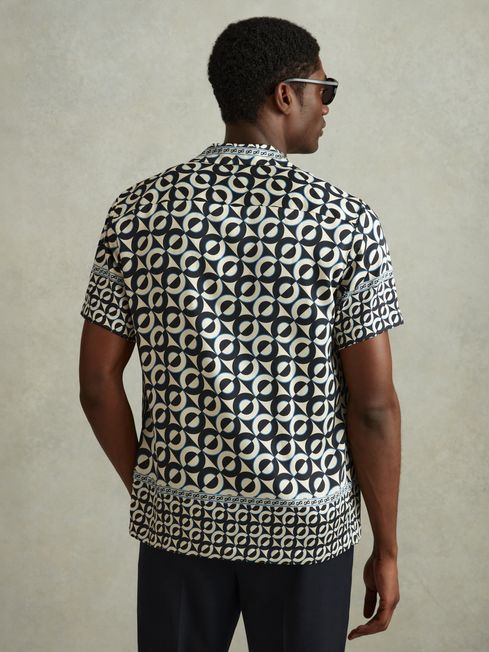 Reiss Lapis Blue Prentice Geometric Print Cuban Collar Shirt