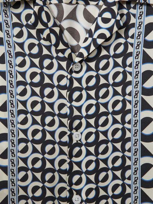 Reiss Lapis Blue Prentice Geometric Print Cuban Collar Shirt