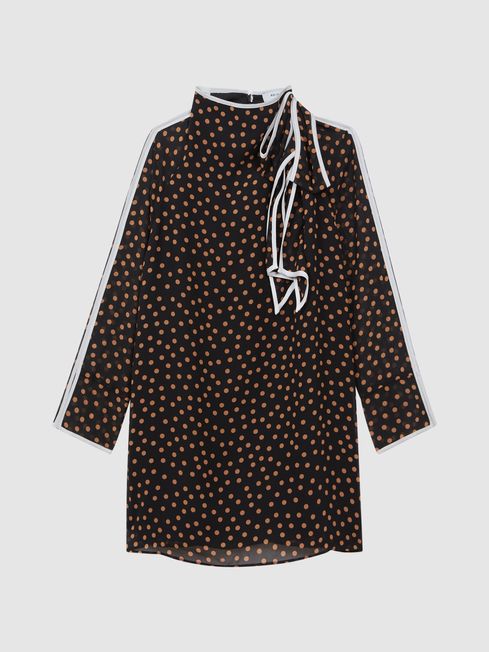 Reiss Black Kate Senior Polka Dot Tie Neck Mini Dress