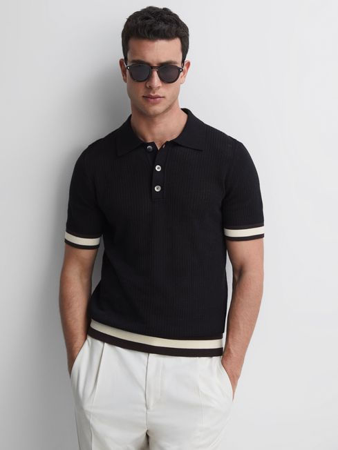 Reiss Black/Chocolate Quinn Reiss | Ché Knitted Half-Button Polo Shirt
