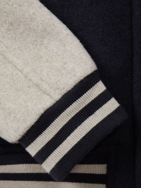 Reiss Navy/Stone Kansas Junior Wool Blend Varsity Bomber Jacket