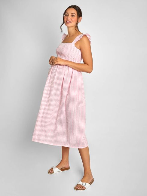 JoJo Maman Bébé Pink Gingham Shirred Maternity Midi Dress