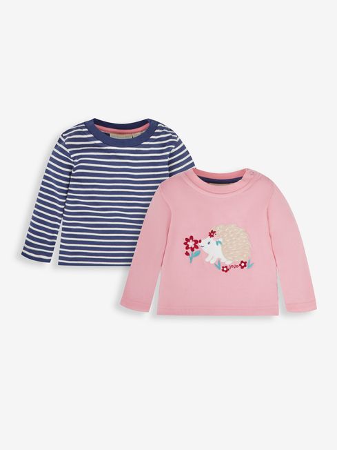 JoJo Maman Bébé Pink Hedgehog 2-Pack Appliqué & Stripe Baby Tops