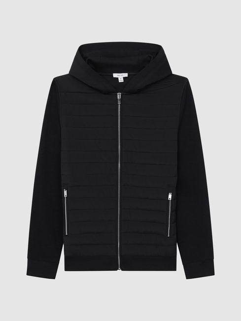 Hybrid Zip Quilted Hooded Jacket in Black