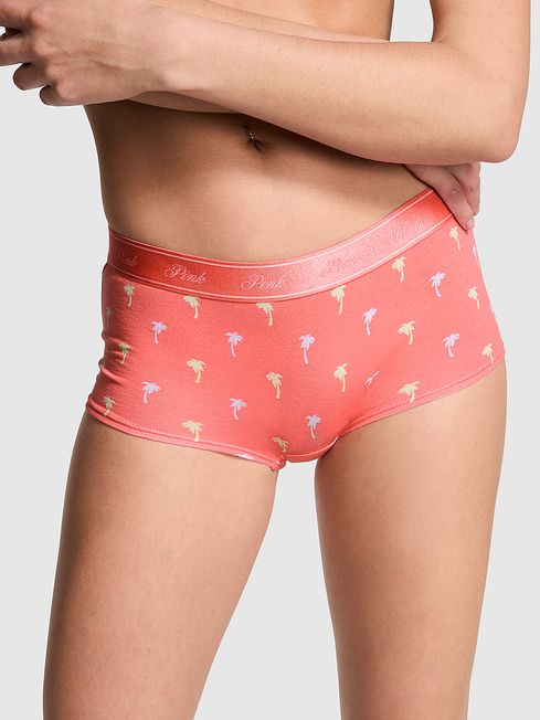 Victoria's Secret PINK Crazy For Coral Pink Palms Short Cotton Logo Knickers