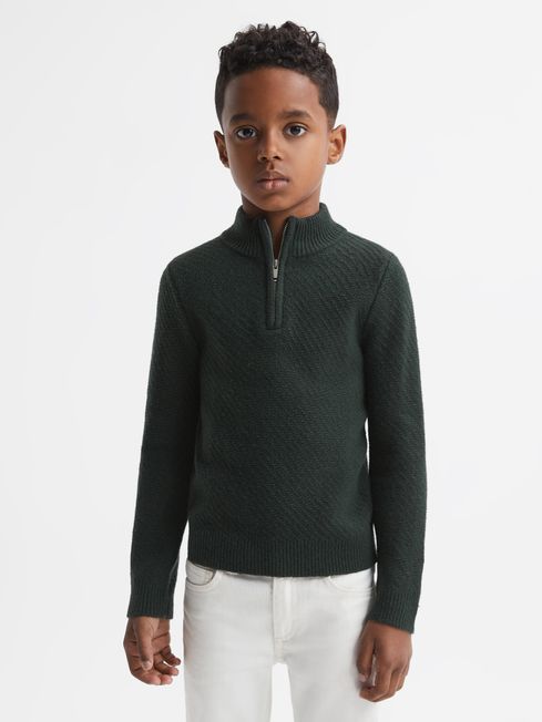 Reiss Forest Green Tempo Junior Slim Fit Knitted Half-Zip Funnel Neck Jumper