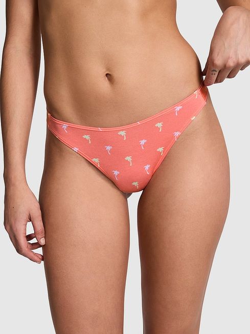 Victoria's Secret PINK Crazy For Coral Pink Palms Thong Cotton Logo Knickers
