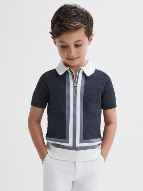 Reiss Eclipse Blue/White London Junior Cotton Knitted Half-Zip Polo T-Shirt