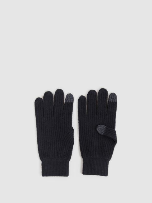 Reiss Black Lawson Merino Wool Ribbed Gloves