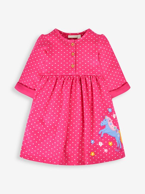 JoJo Maman Bébé Raspberry Pink Unicorn Girls' Appliqué Button Front Dress