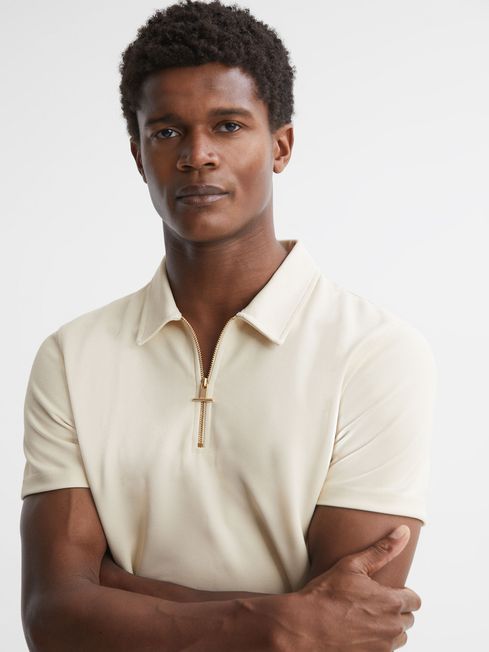 Reiss Ecru Floyd Slim Fit Half-Zip Polo Shirt