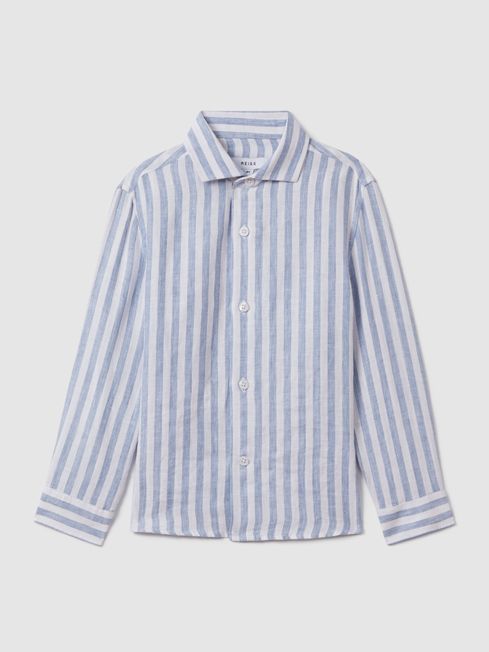 Reiss Soft Blue Herringbone Stripe Ruban Teen Linen Cutaway Collar Shirt
