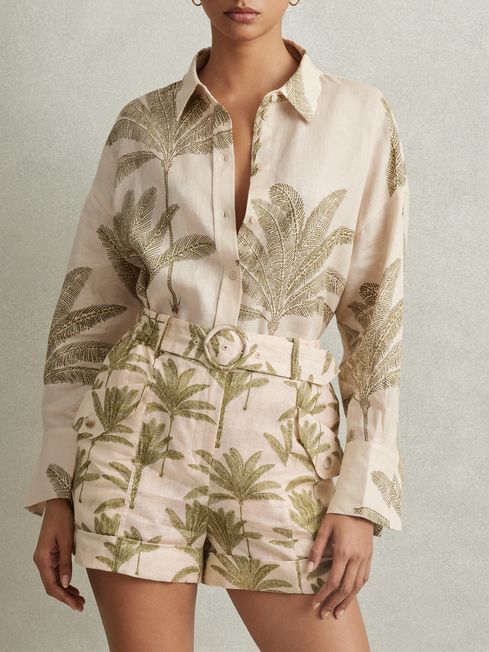 Reiss Neutral Cali Linen Tropical Print Shorts