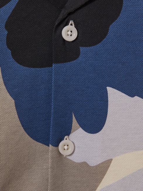 Cotton Floral Print Cuban Collar Shirt in Blue Multi