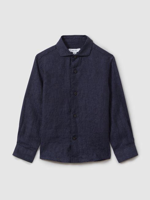 Reiss Navy Ruban Teen Linen Cutaway Collar Shirt