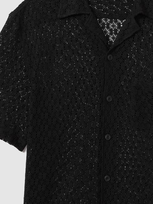 Reiss Black Elvis Cotton Blend Crochet Cuban Collar Shirt