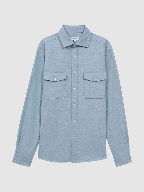 Reiss Soft Blue Melange Chaser Button-Through Twin Pocket Overshirt