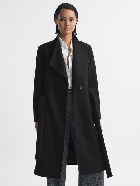 Reiss Black Freja Petite Tailored Wool Blend Longline Coat