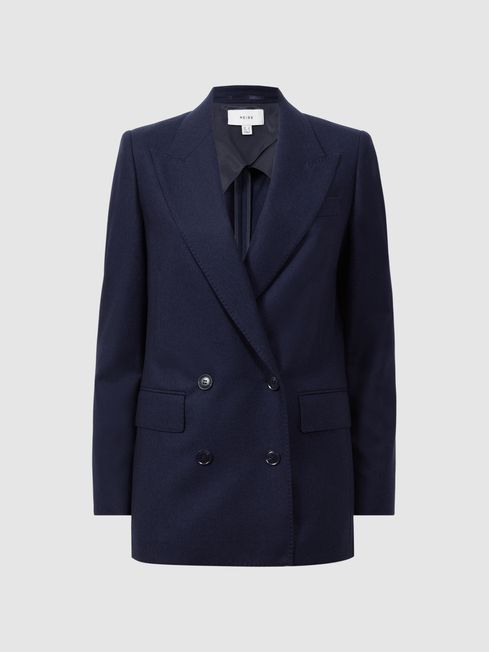 Reiss Navy Lorena Wool Flannel Double Breasted Blazer
