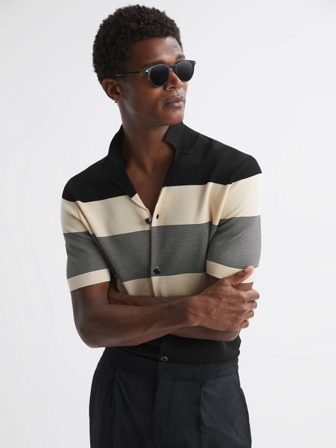 Reiss Black Seville Striped Cuban Collar Button Through T-Shirt