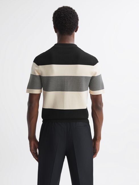 Reiss Black Seville Striped Cuban Collar Button Through T-Shirt