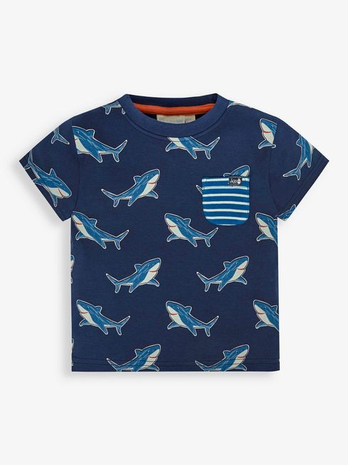 JoJo Maman Bébé Navy Shark Print Pocket T-Shirt