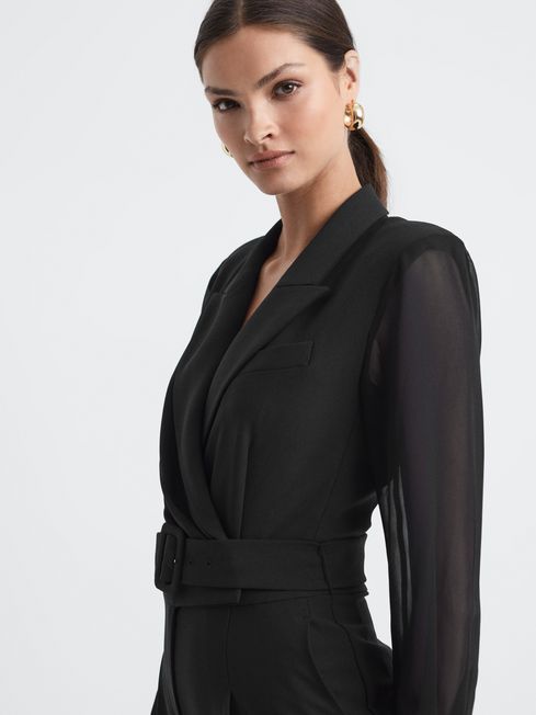 Reiss Black Flora Petite Sheer Belted Double Breasted Jumpsuit