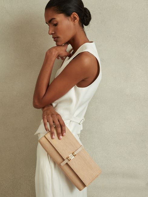 Reiss Natural Regent Raffia Baguette Clutch Bag