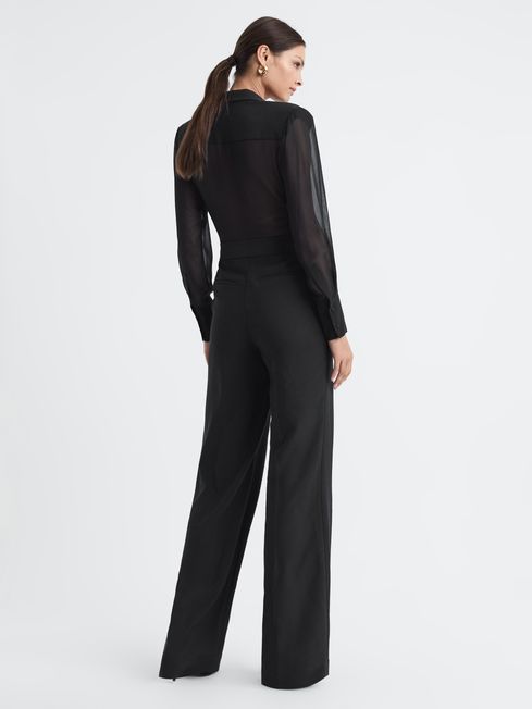 Reiss Black Flora Sheer Belted Double Breasted Jumpsuit