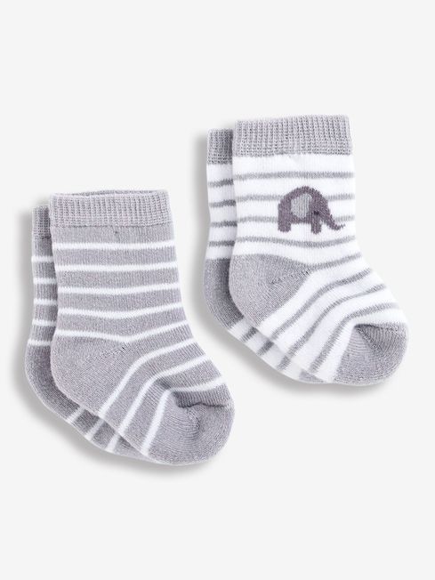 JoJo Maman Bébé Grey Girls' 2-Pack Stripe Elephant Baby Socks