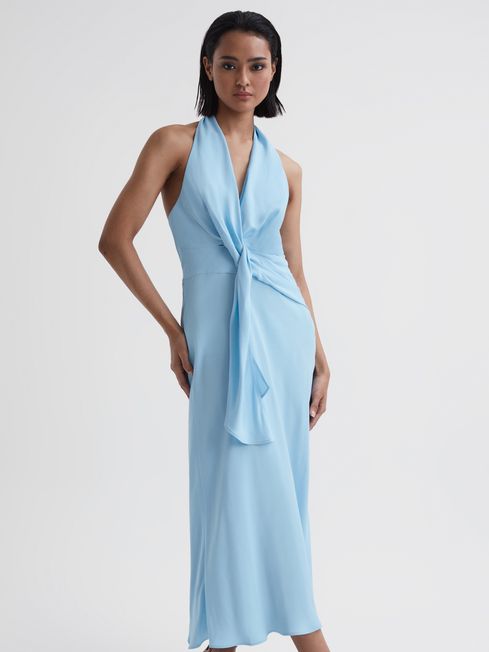 Reiss Blue Amber Halter Neck Tie Detail Midi Dress