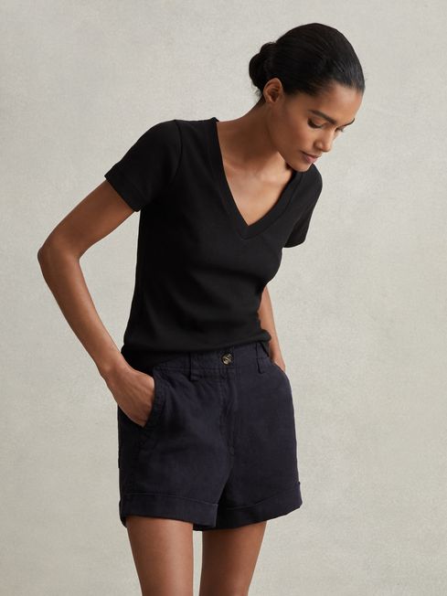 Reiss Navy Demi Linen Garment Dyed Shorts