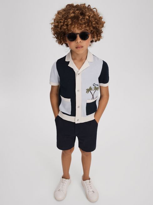 Reiss Blue Multi Ata 9-13 yrs Knitted Colourblock Cuban Collar Shirt