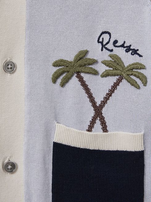 Reiss Blue Multi Ata Knitted Colourblock Cuban Collar Shirt